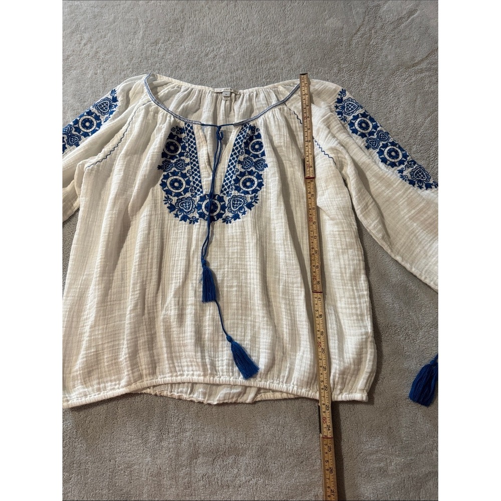 J.Crew M 100% Cotton White Blue Embroidered Gauze Peasant Blouse Tassel - Picture 5 of 7